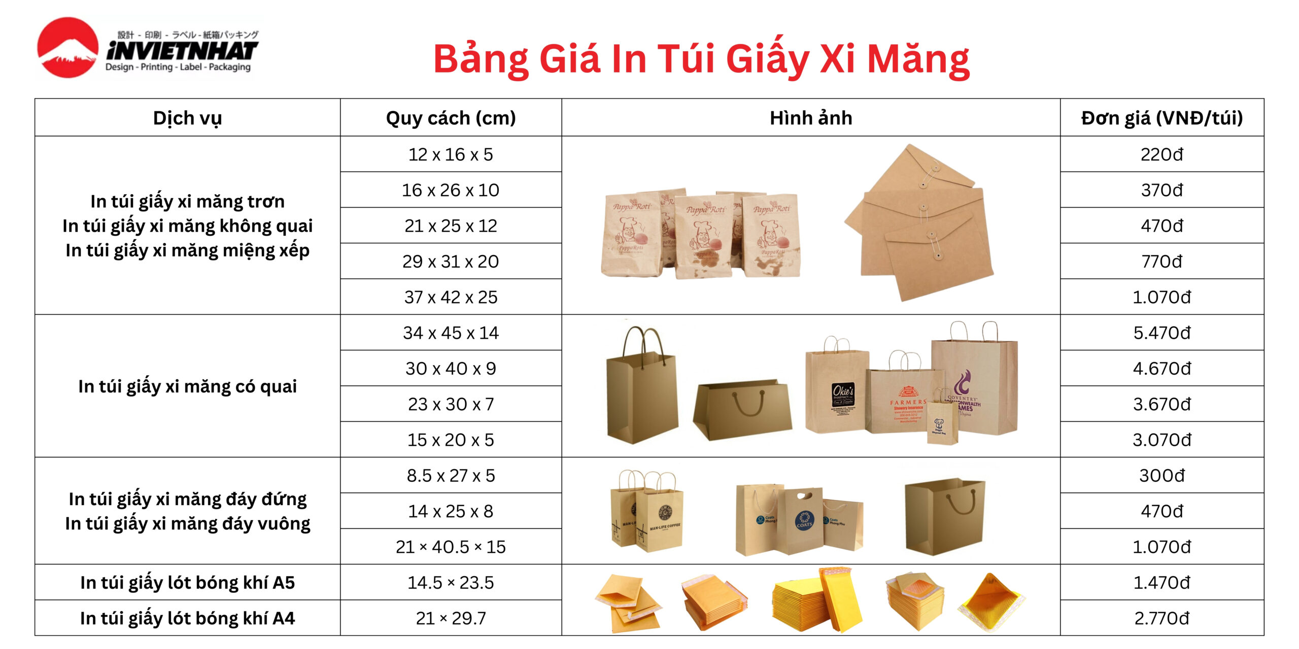 bang gia in tui giay xi mang