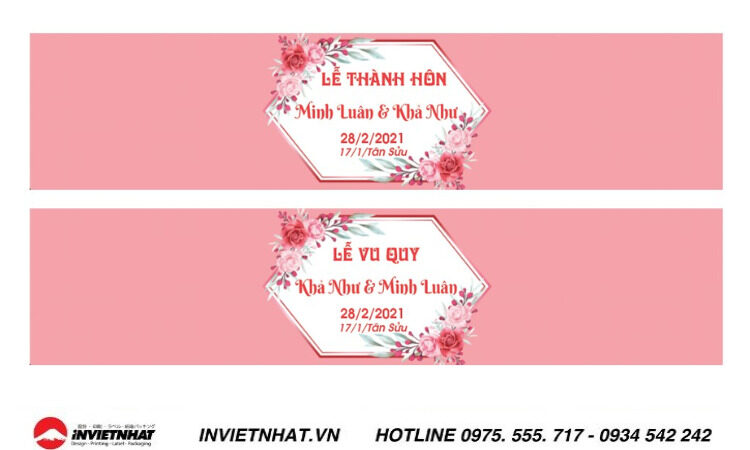 In tem dán chai nước đám cưới 1 Kích thước nhãn chai nước suối đám cưới phổ biến