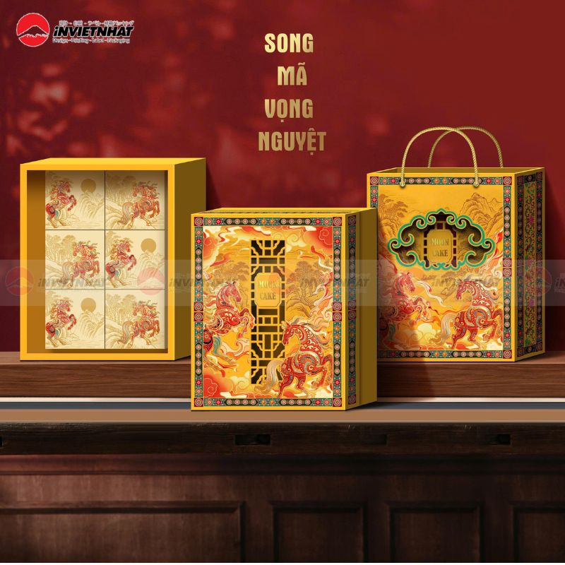 Giá in hộp bánh trung thu TPHCM | 145 + Mẫu tham khảo 102 Bộ hộp trung thu song mã vọng tuyệt vàng
