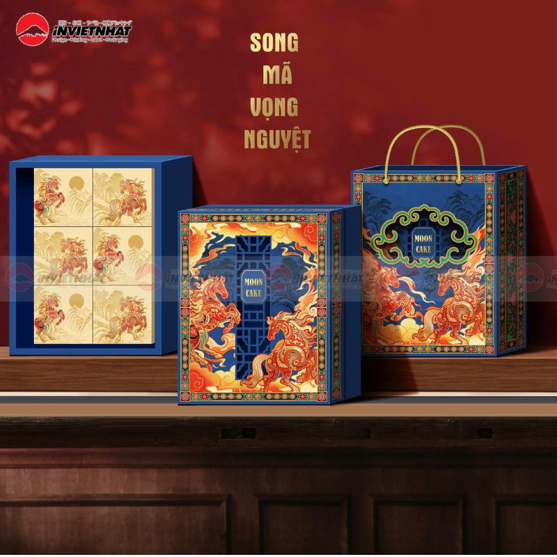 Giá in hộp bánh trung thu TPHCM | 145 + Mẫu tham khảo 101 Bộ hộp trung thu song mã vọng tuyệt xanh