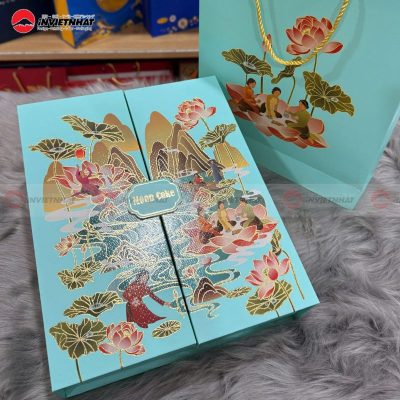 Hộp trung thu 2 cánh nam châm màu xanh