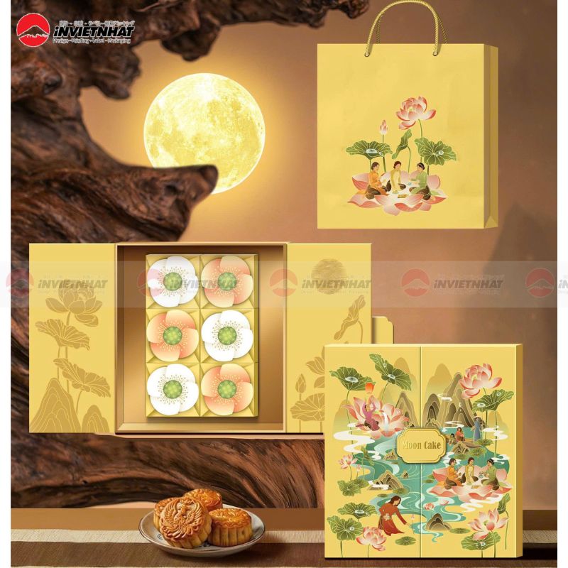 Giá in hộp bánh trung thu TPHCM | 145 + Mẫu tham khảo 104 Set bánh trung thu song mã vọng tuyệt vàng