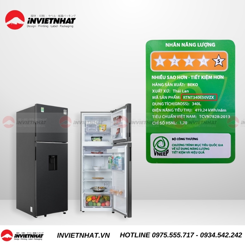 mẫu tem năng lượng tủ lạnh beko