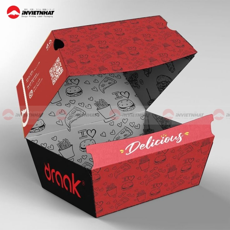 Mẫu hộp giấy màu đỏ đựng hamburger