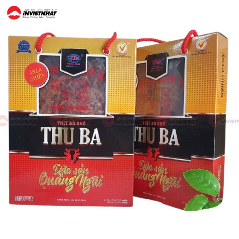 hộp giấy đựng khô bò màu vàng đỏ