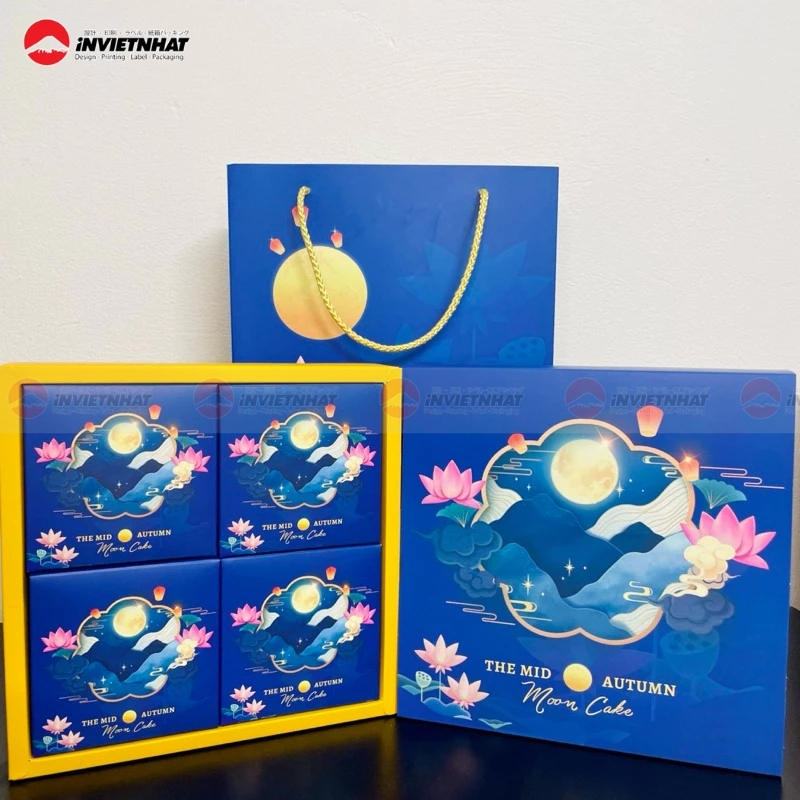 Hộp bánh trung thu hoa sen in ép kim 4 bánh