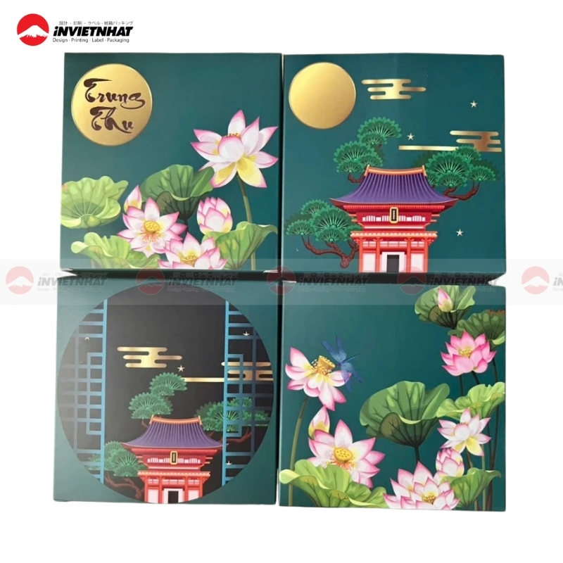 Hộp bánh trung thu hoa sen giấy couche in ấn sắc nét