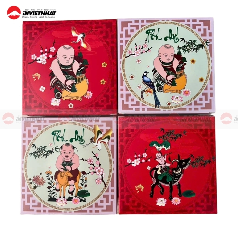 Hộp bánh trung thu họa tiết tranh đông hồ phổ thông giá rẻ