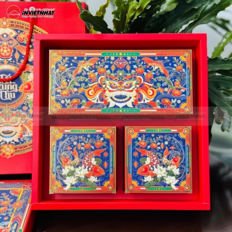 Hộp bánh trung thu phối màu đỏ – vàng truyền thống giá rẻ