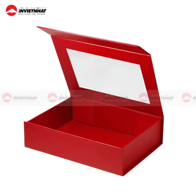 hộp giấy màu đỏ có cửa sổ trong suốt