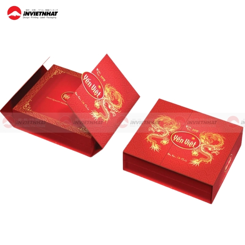 hộp giấy màu đỏ đựng qua tết