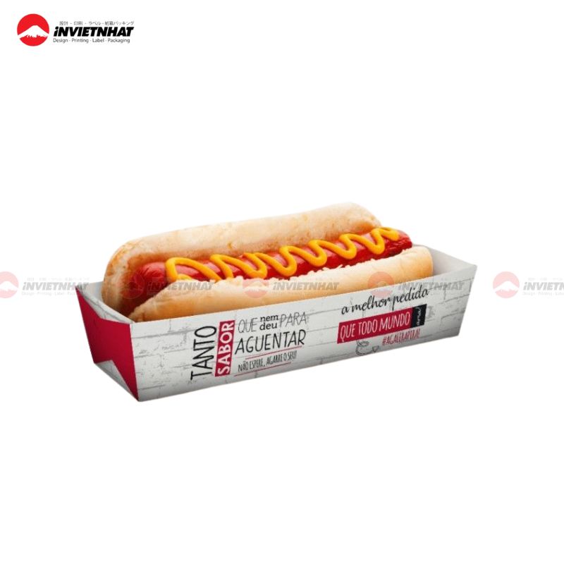 mẫu hộp giấy đựng hot dog không nắp đỏ trắng