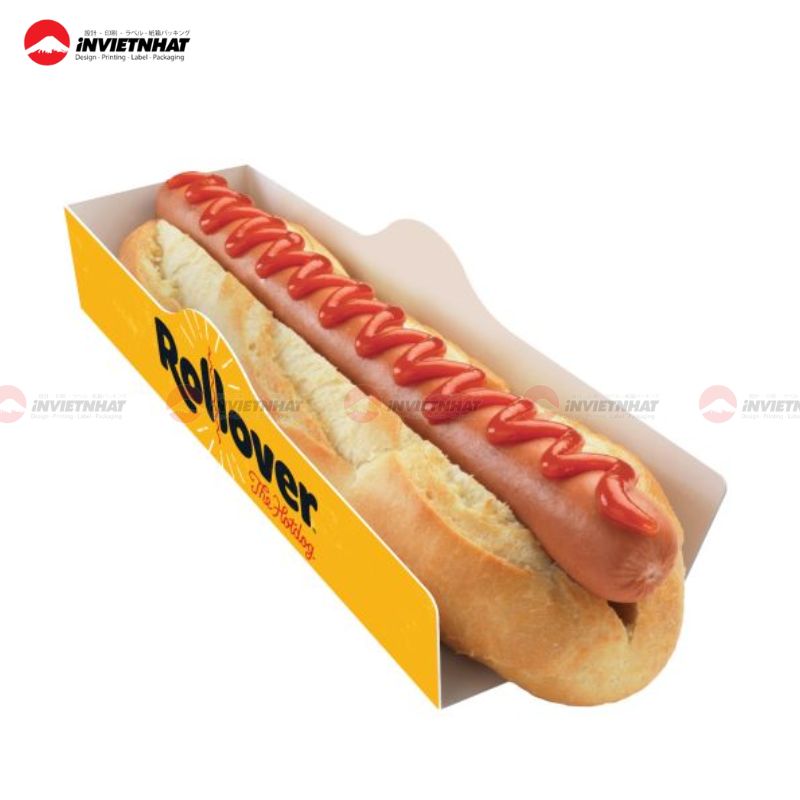 mẫu hộp giấy đựng hot dog không nắp màu vàng
