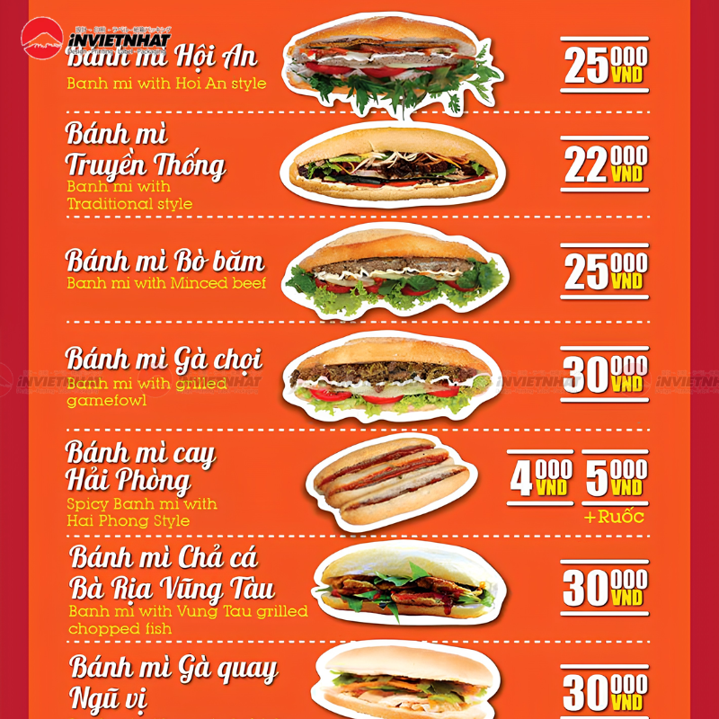 Mẫu decal xe bánh mì bố trí menu, bảng giá