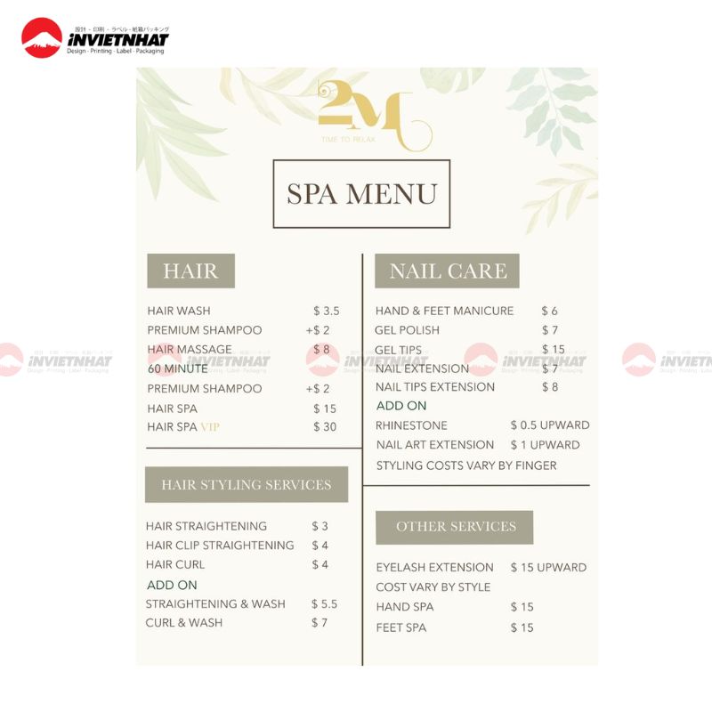 mẫu in menu spa natural