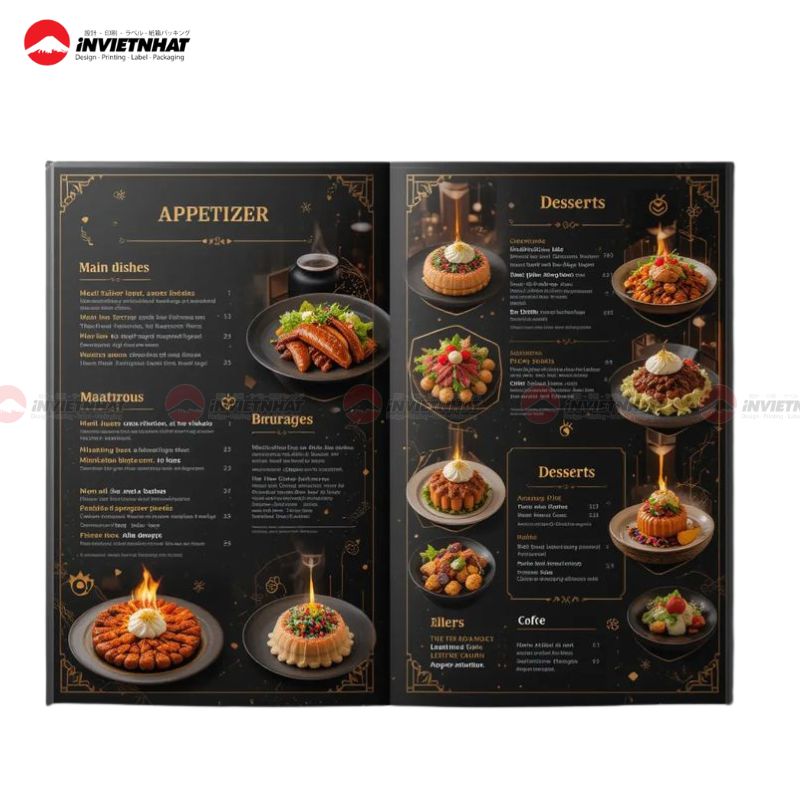 Mẫu catalogue nhà hàng cao cấp với tone nền đen viền vàng sang trọng