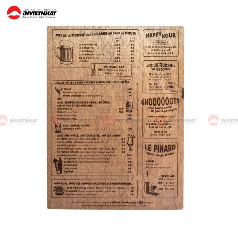 in menu nhà hàng bằng gỗ khắc laser