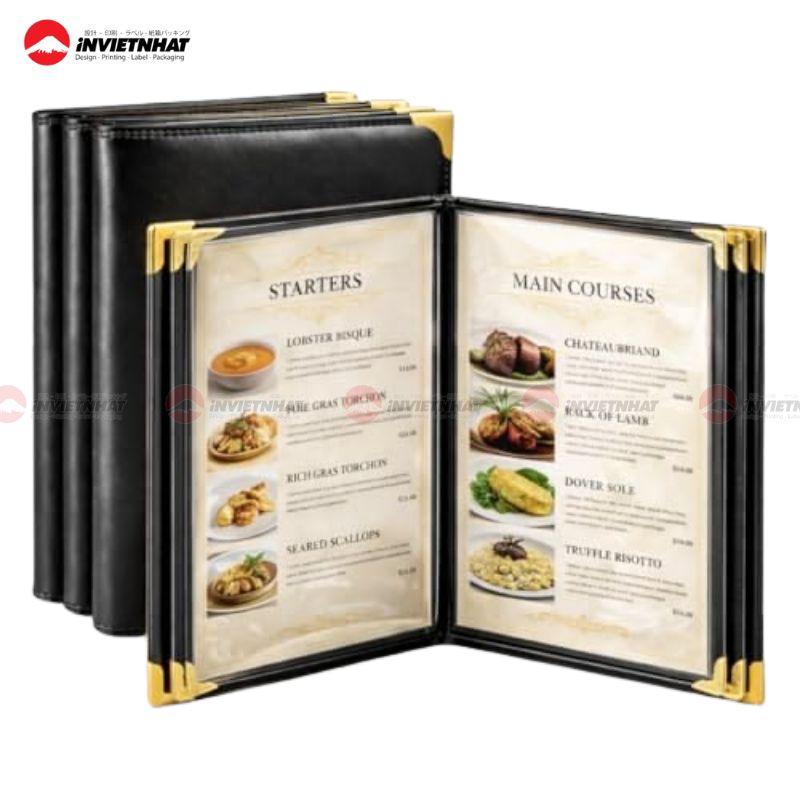 in menu nhà hàng bìa da đen