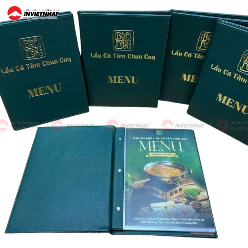 in menu nhà hàng bìa da xanh