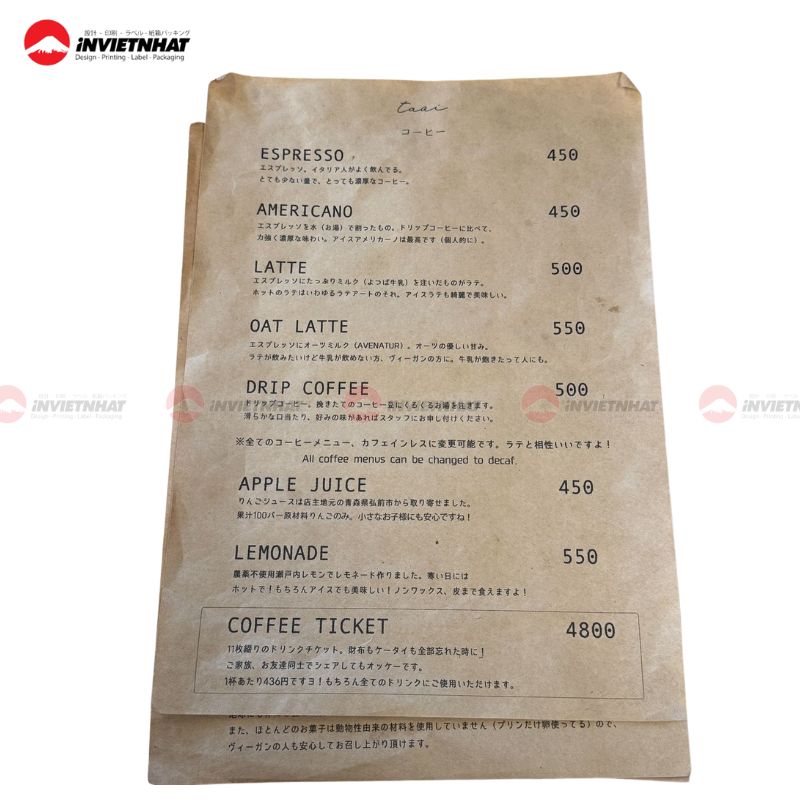 mẫu in menu quán cafe hồi xưa