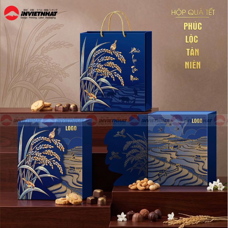 In hộp giấy đựng quà Tết 128 HỘP TẾT CAO CẤP - PHÚC LỘC TÂN NIÊN