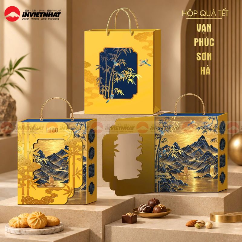 In hộp giấy đựng quà Tết 127 HỘP TẾT CAO CẤP - VẠN PHÚC SƠN HÀ