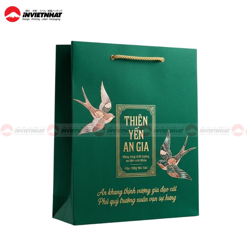 In túi giấy đựng yến sào 12 Túi giấy đựng yến sào cao cấp màu xanh