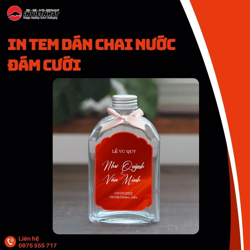 in tem dán chai nước đám cưới