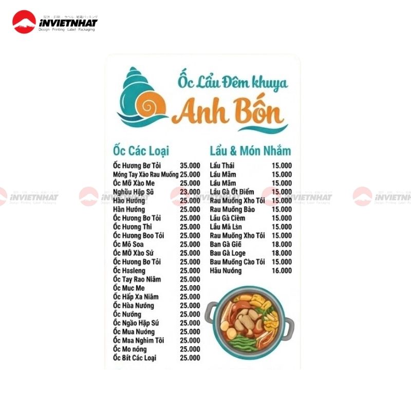 Mẫu in menu quán nhậu chất lượng, BẮT MẮT 2026 6 mẫu menu ốc lẩu anh bốn