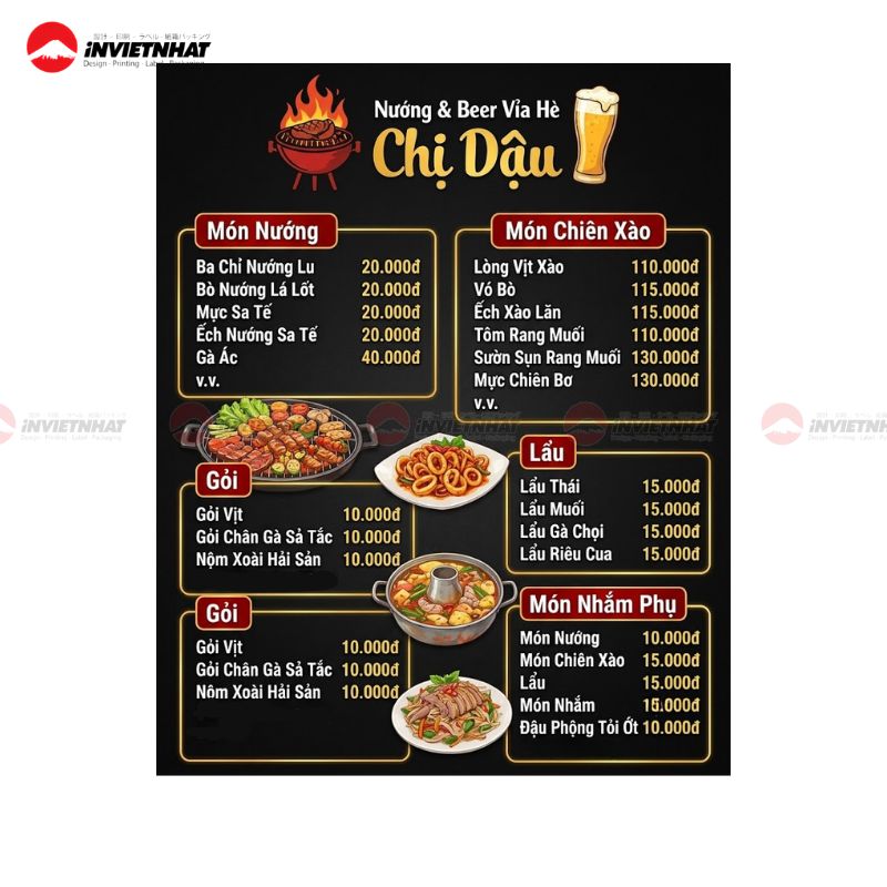 mẫu menu quán nhậu vỉa hè chị dậu