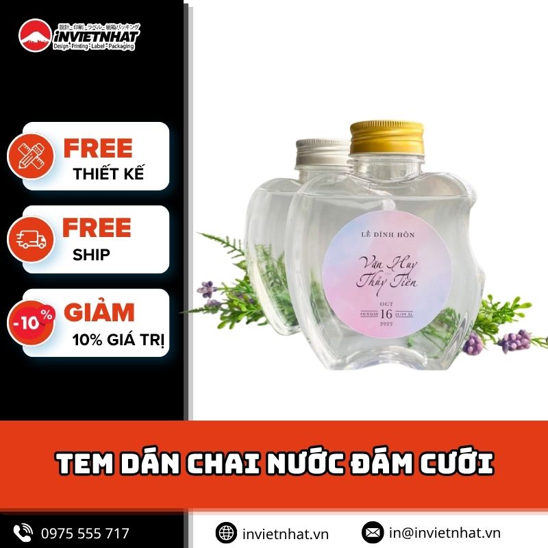 thumbnail tem dán chai nước đám cưới
